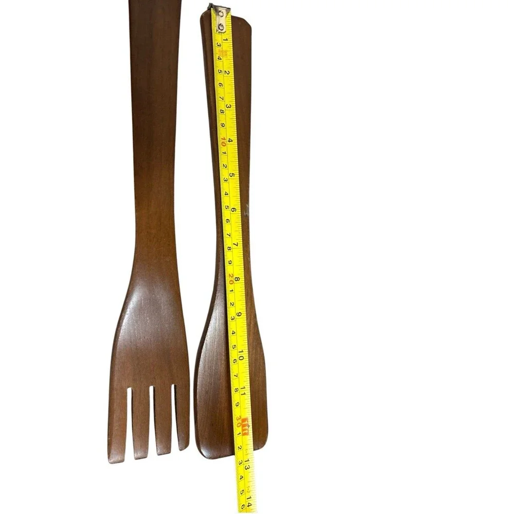 Vtg Mid Century Modern Wooden Salad Serving Utensils Fork & Paddle Spoon 12.5”
